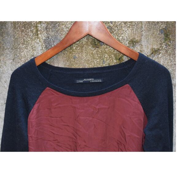 AllSaints Kayo Jumper Silk & Merino Wool Sweater Navy/Burgundy Size UK 10 / US 6 - Picture 2 of 4